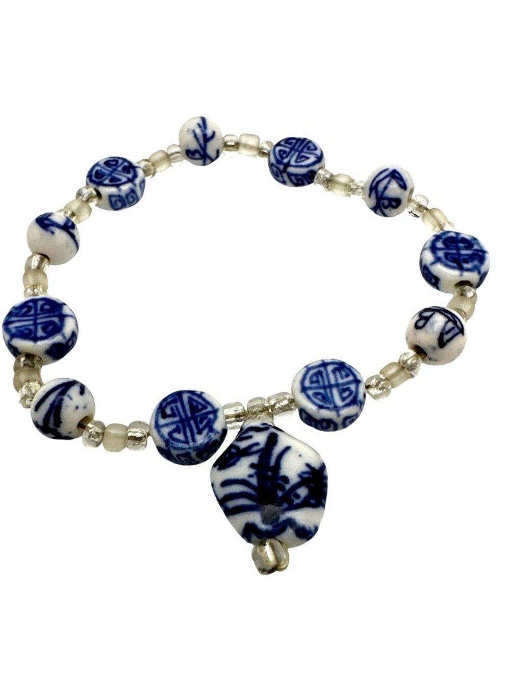 Spring Summer Blue White Bead Bracelet Porcelain Asian Symbol Motif Stretch